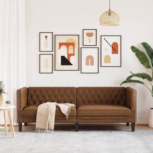 Диван Chesterfield с 3 седалки Кафява изкуствена велурена кожа