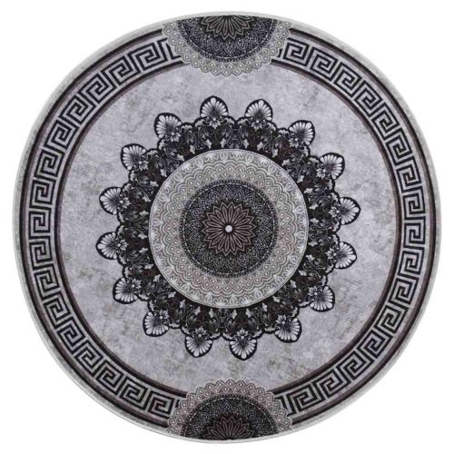 Килим, миещ се, φ120 см, черно и сиво, противоплъзгащ