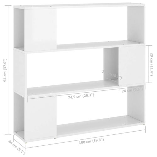 Библиотека/разделител за стая, бял гланц, 100x24x94 см