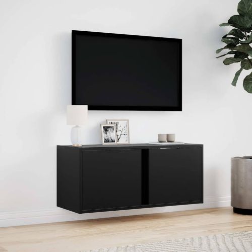 Стенен ТВ шкаф с LED осветление, черен, 80x31x35 см
