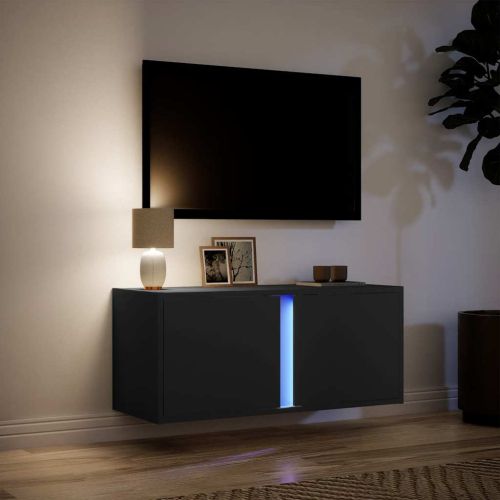 Стенен ТВ шкаф с LED осветление, черен, 80x31x35 см