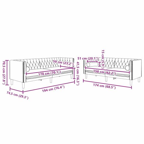 Диван за всекидневна 2 pcs Черно 194 x 74,5 x 70,5 см Кадифе