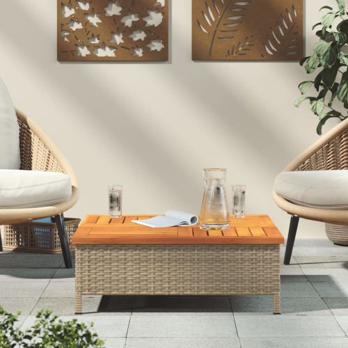 Градинска маса, бежова, 70x70x25 см, ратан и акациево дърво