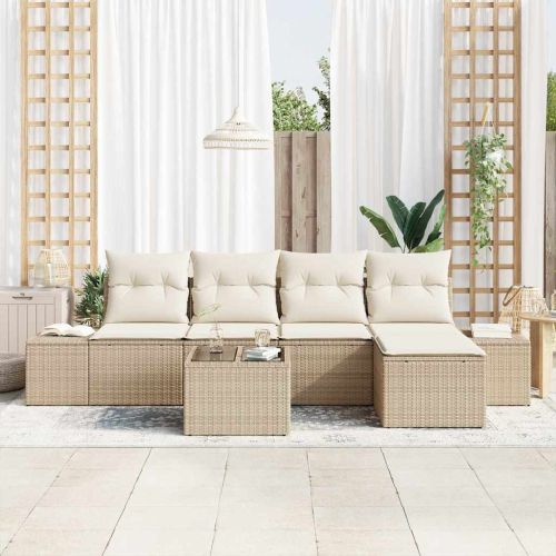 Градински Софа Комплект с възглавница 6 pcs Бежово полиратан