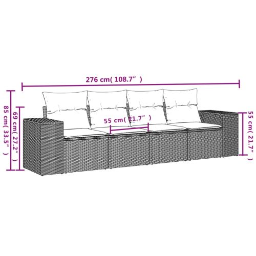Градински диван с възглавници, 4 части, бежов полиратан