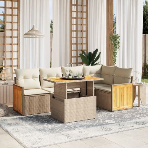 Градински диван с възглавници, 6 части, бежов полиратан