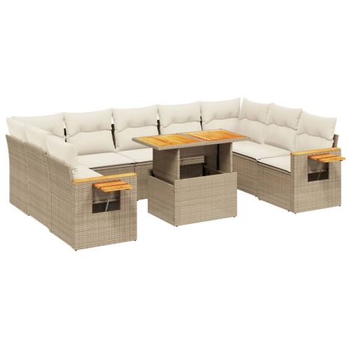 Градински диван с възглавници, 10 части, бежов полиратан