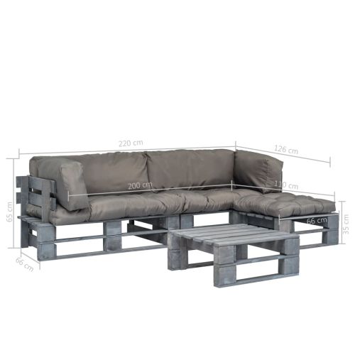 Градински палетен комплект 4 части със сиви възглавници дърво