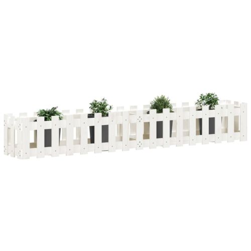 Градинска леха с дизайн на ограда бяла 200x30x30 см бор масив