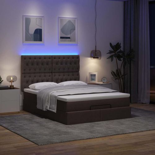 Османска легло с матрак и LED, тъмнокафяво, 140x200 см, плат