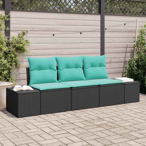 Градински Софа Комплект 3 бр. Черен и Туркоаз полиратан