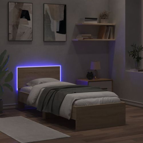Рамка за легло с табла и LED осветление, дъб сонома, 90x190 см