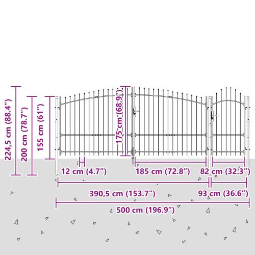 Градинска врата WOERDEN 100 x 500 cm Стомана Сив С ключалка