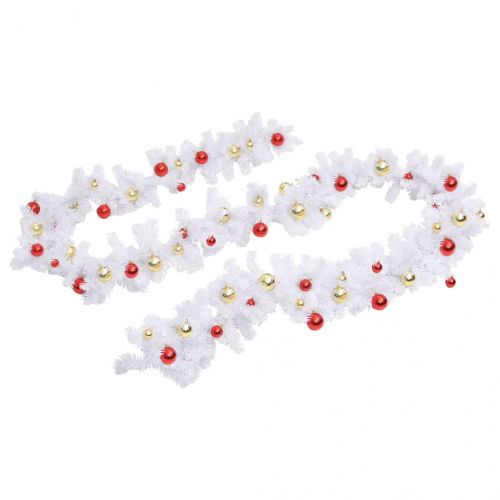 Коледен гирлянд, декориран с топки, бял, 10 м