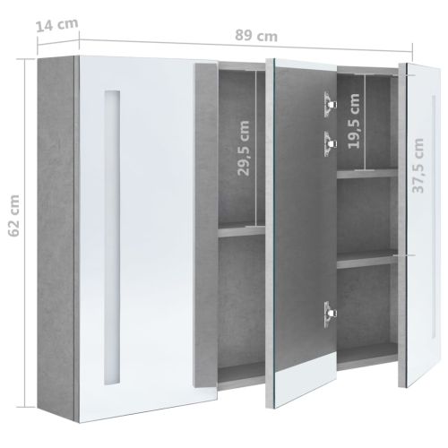 LED шкаф с огледало за баня, бетонно сив, 89x14x62 см