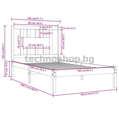 Рамка за легло, бор масив, 100x200 см