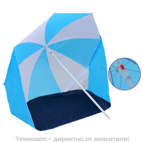 Плажен чадър – подслон, синьо и бяло, 180 см, текстил