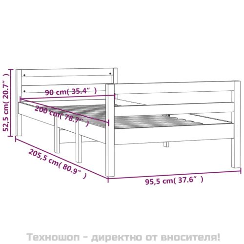 Рамка за легло, бяла, борово дърво масив, 90x200 см