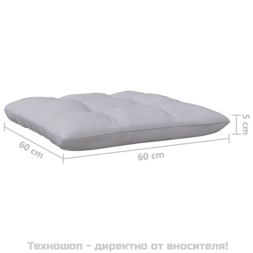 2-местен градински диван със сиви възглавници, бор масив