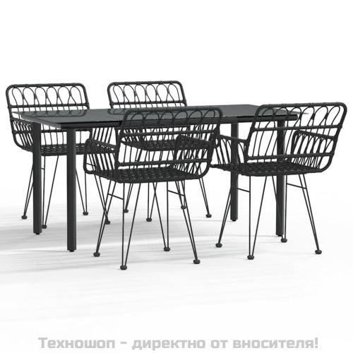 Градински трапезен комплект, 5 части, черен, полиратан