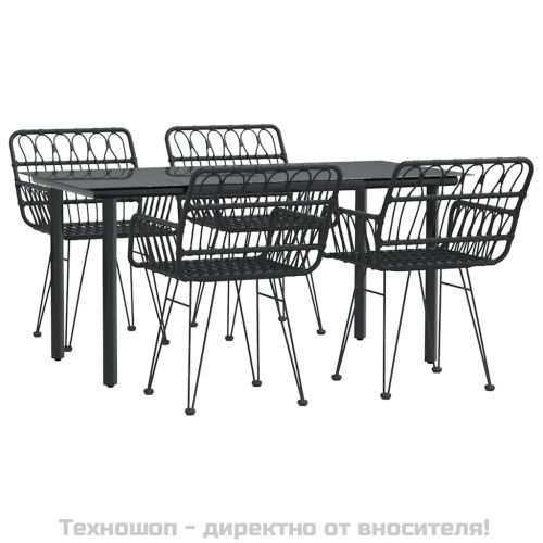 Градински трапезен комплект, 5 части, черен, полиратан