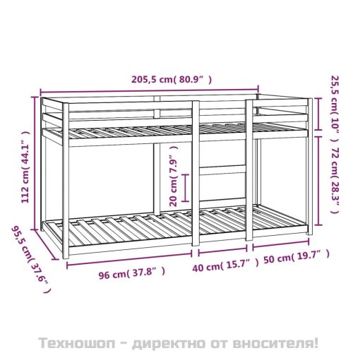 Двуетажно легло, бяло, 90x200 см, борово дърво масив