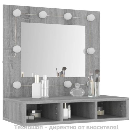 Огледален шкаф с LED, Сив сонома, 60x31,5x62 см