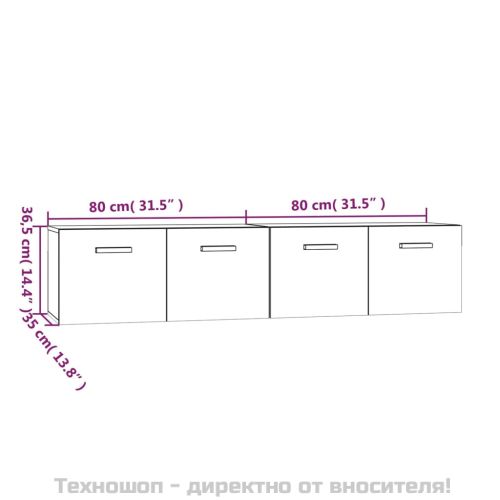 Стенни шкафове 2 бр бял гланц 80x35x36,5 см инженерно дърво