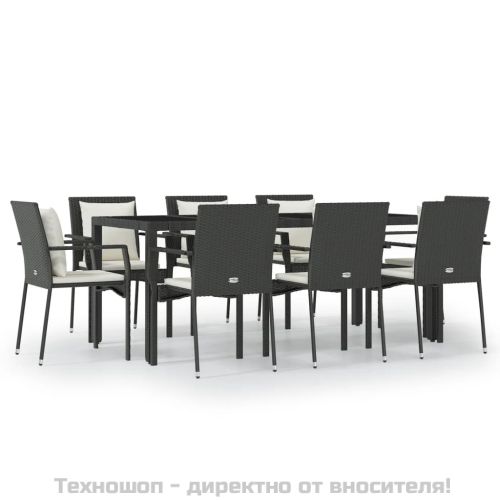 Градински трапезен комплект възглавници 9 части черен полиратан