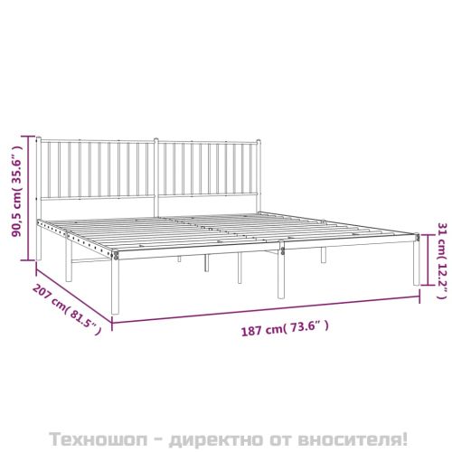 Метална рамка за легло с горна табла, бяла, 180x200 см