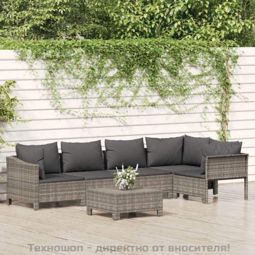 Градински комплект с възглавници, 6 части, полиратан, сив