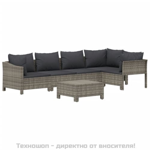 Градински комплект с възглавници, 6 части, полиратан, сив