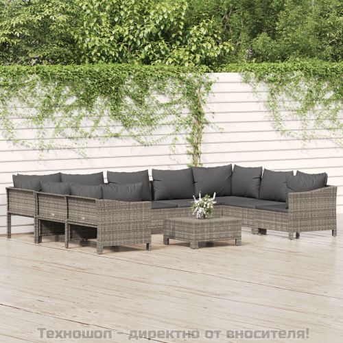 Градински комплект с възглавници, 10 части, сив, полиратан