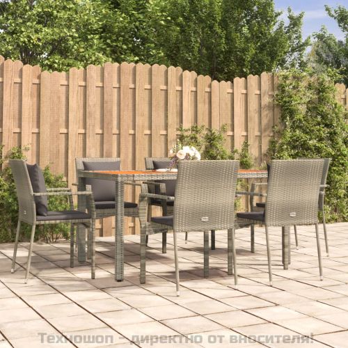 Градински трапезен комплект 7 части с възглавници сив полиратан