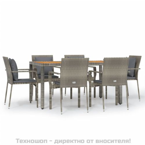 Градински трапезен комплект 7 части с възглавници сив полиратан