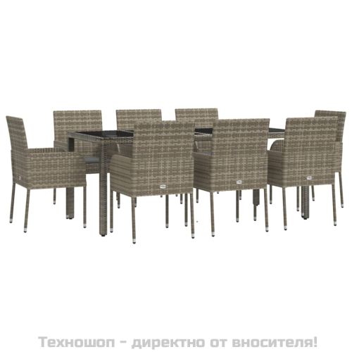 Градински трапезен комплект 9 части с възглавници сив полиратан