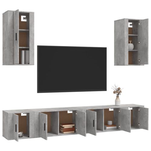 Комплект ТВ шкафове от 6 части, бетонно сив, инженерно дърво