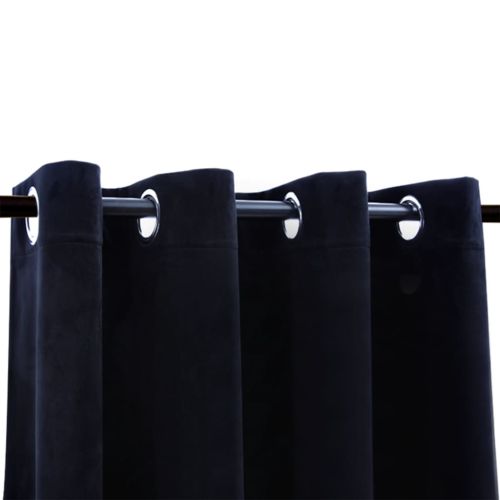 Затъмняващи завеси с халки, 2 бр, кадифе, черни, 140x175 см