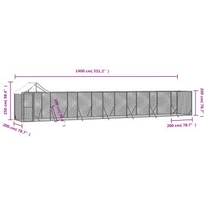 Външна клетка за куче с покрив сребриста 14x2x2,5 м стомана