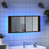 Шкаф с LED огледало за баня, кафяв дъб, 100x12x45 см