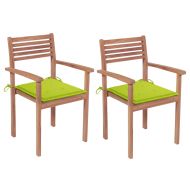 Градински столове, 2 бр, яркозелени възглавници, тик масив