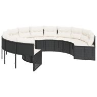 Градински диван с възглавници, кръгъл, черен полиратан