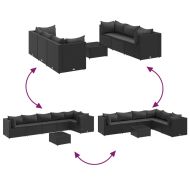 Градински лаундж комплект с възглавници 7 части черен полиратан