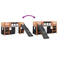 Детско високо легло със завеси бяло и черно 80x200 см бор масив