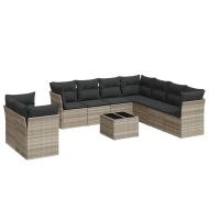 Градински комплект с възглавници, 10 части, светлосив полиратан