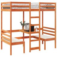 Таванско легло с бюро и столове восъчнокафяв 90x200см бор масив