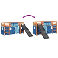 Детско високо легло със завеси, синьо, 80x200 см, бор масив