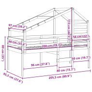Таванско легло със стълба и покрив, 90x200 см, бор масив