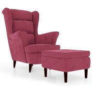 Фотьойл Wingback с табуретка, виненочервен, кадифе