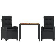 Градински комплект от 3 части с възглавници черни полиратан